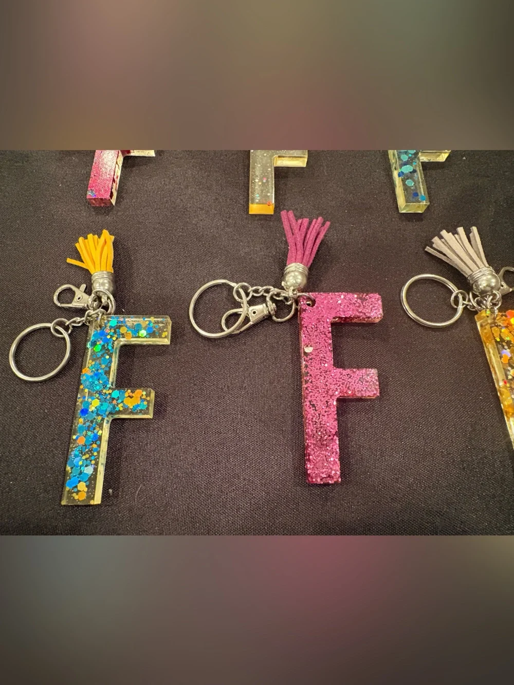 Letter F Glitter Resin Keychain with Tassel